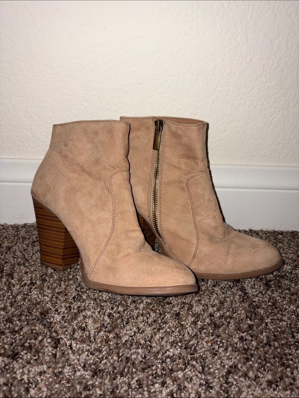 Shoe Dazzle Beige Suede Side-Zip Block Heel Booties